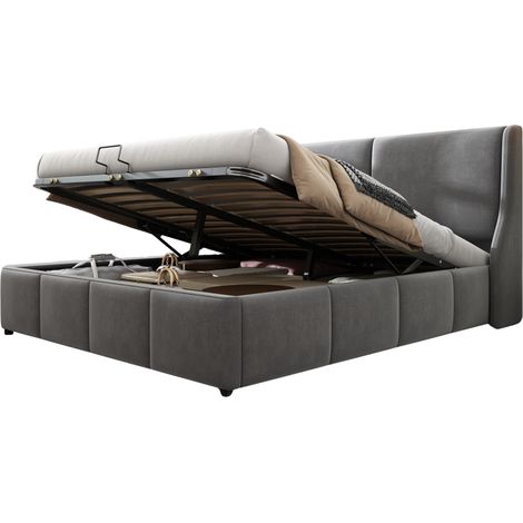 CHICFURN lit double coffre gris avec tete de lit a oreilles et ouverture hydraulique 180 x 200 (1/5)