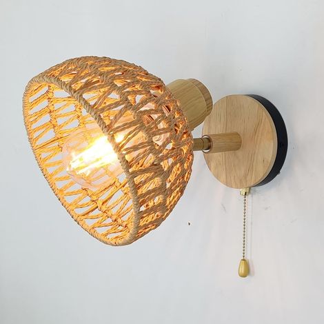Applique murale tissée, applique murale en bois avec interrupteur à cordon, luminaire mural rétro en rotin, luminaire E27, lampes murales de design industriel japonais pour salon, chambre à coucher (1/5)