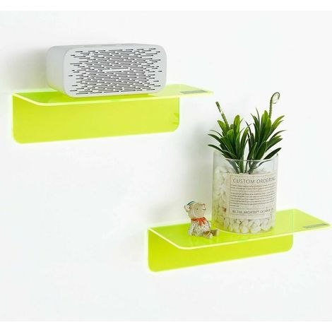 Lot de 2 petites étagères murales adhésives pour agrandir facilement l'espace mural - Étagères murales en acrylique sans perçage pour chambres, salles de bains, cuisines (vert fluo) (1/5)