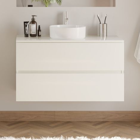 Meuble de salle de bain 100cm avec plateau et vasque à poser ronde - 2 tiroirs - sans miroir - blanc brillant - IDA (1/5)