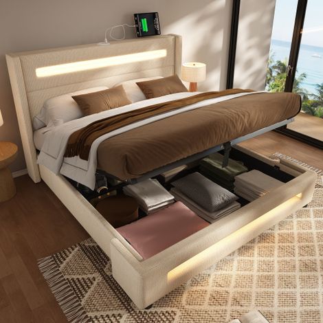 Lit coffre 140x200 cm beige en lin, LED, rangement hydraulique, USB-C (1/5)