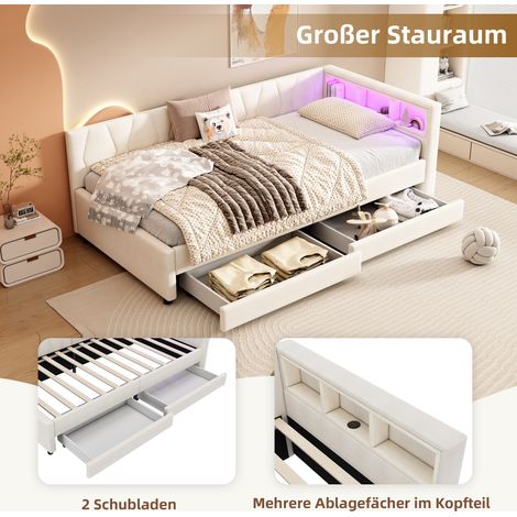 Canapé-lit 90x200 cm avec rangements latéraux, tiroirs intégrés, ports USB-C et LED, sommier à lattes en lin beige, sans matelas, idéal pour petit espace. (1/5)