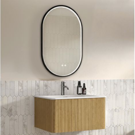 Meuble vasque suspendu 80 cm avec lavabo intégré et miroir LED 50 x 80 cm chêne OKWISH (1/5)
