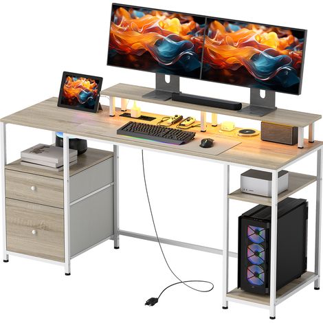 Table bureau LED 155.5x48x88.5 cm avec tiroirs, prises, ports USB et support moniteur Naturel (1/5)