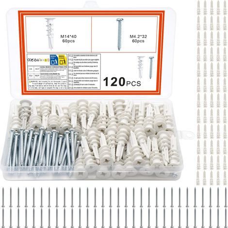 120 Pack Wall Anchors and Screws for Plasterboard, Heavy Duty Plasterboard Fixings, 60 Pieces Plasterboard Screws and 60 Assorted Raw Drywall Plugs for Walls (1/5)