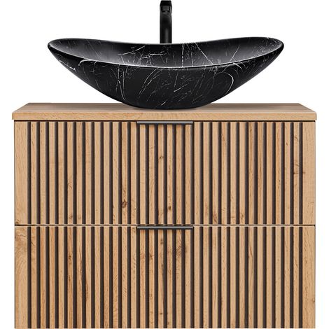Waschtisch schwarz gerillt 80 cm Waschbeckenunterschrank mit Keramik Waschbecken XANTEN-56 in anthrazit mit Eiche Nb., B/H/T: ca. 80,6/73,7/46,5 cm (1/5)