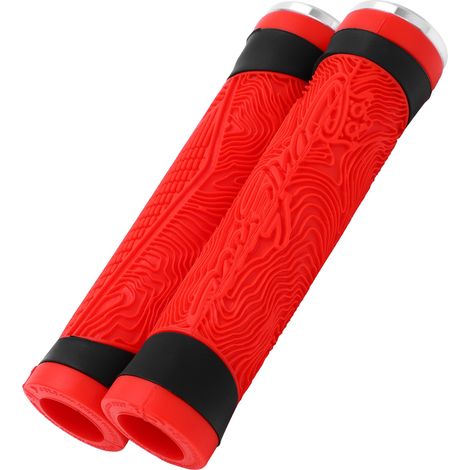 Poignées VTT en silicone rouge avec embouts et protège-guidon (1/5)