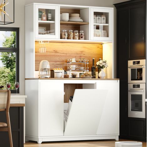Buffet de cuisine blanc 120x40x180 cm, MDF et métal, portes en acrylique, LED, range-verres, compartiment poubelle (1/5)