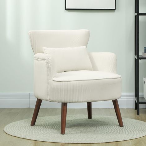 Fauteuil lounge rembourré blanc crème, dossier haut et accoudoirs ronds, effet corde, piètement bois, charge max 120 kg, idéal chambre ou salon