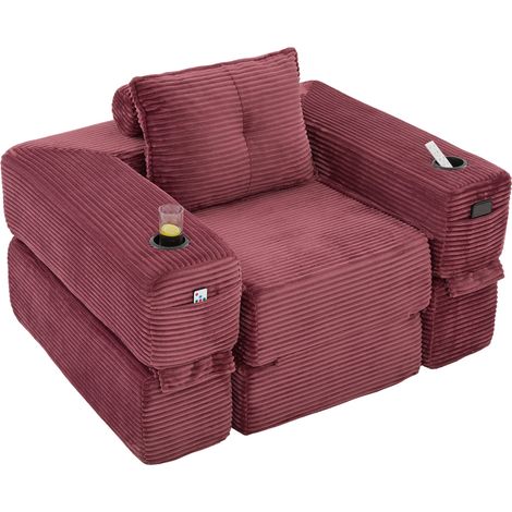 Sofá cama modular, Asiento de espuma densidad 30 y muelles, Respaldo Memory Foam, Bolsillos laterales, Pana roja vino (1/4)
