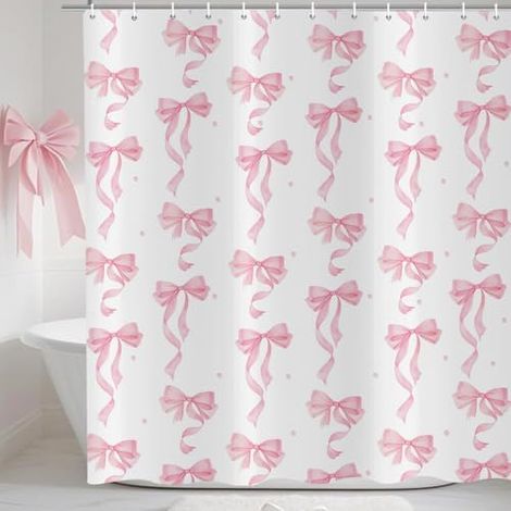 Rose Nœud Rideau de Douche 150x180 cm, Mignon Rose Esthétique Nœud Filles Salle de Bain Décoratif Blanc Imperméable Bain Rideau Textile Lavable Rideaux Douche pour Baignoire avec 12 Crochets (1/5)