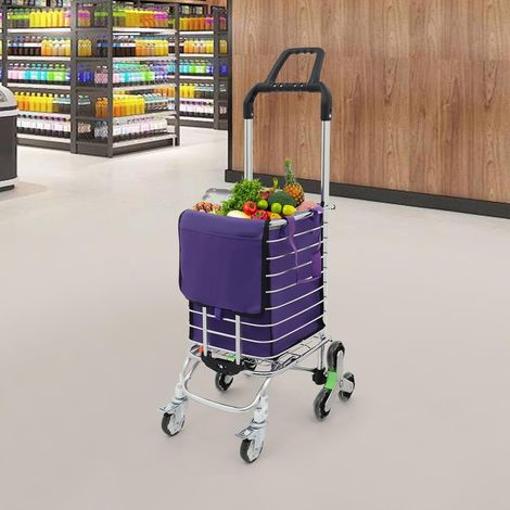 Chariot de courses pliable de 35 l avec 8 roues, monte-escalier, chariot polyvalent, avec sac amovible, violet