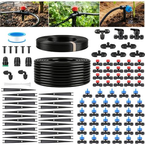 101 Pieces Drip Watering Kit with Pressure Compensation, 15m PVC/PE/PP Hoses, 4 Modes, for Vegetable Garden Greenhouse (1/5)