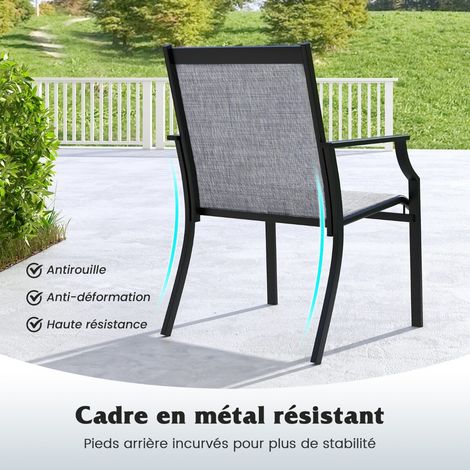 Lot de 2 chaises de jardin grises en métal avec tissu respirant et dossier ergonomique, charge 150 kg pour terrasse et piscine (1/5)