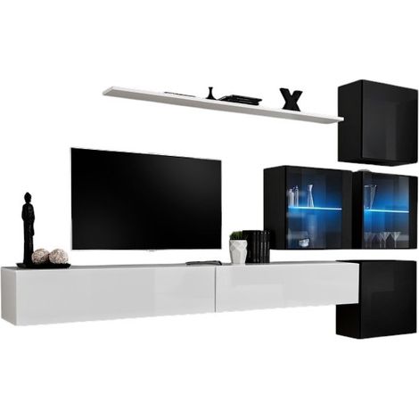 Composizione murale SWITCH XIX – Doppio mobile TV, cubi, cubi vetrati LED e mensola – Bianco e nero lucido