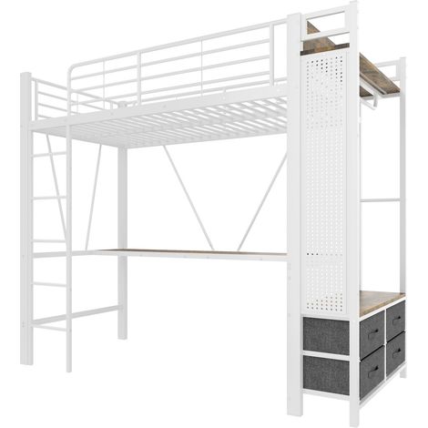 Letto a soppalco 90x200 cm in metallo bianco con scrivania, cassetti, mensole, LED e USB-C (1/5)