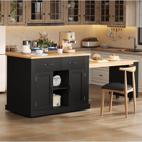 Isola cucina mobile 120x60x93 cm in truciolare nero con tavolo estensibile - MEUBLIV (1/5)