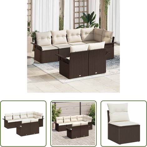 vidaXL Balkonsofa - Gartensofa-set mit Kissen 7 pcs Braun Poly-Rattan (1/5)