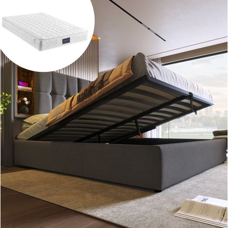 Bett mit Stauraum 160x200 cm, Baumwolle Grau, inklusive Matratze, USB, Typ-C und kabelloser Ladefunktion (1/5)