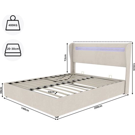 Lit rembourré moderne et minimaliste avec tête de lit souple à LED intégrée, 140 x 200 cm, beige, meuble de chambre multifonctionnel, sommier coffre haut avec système de levage à gaz, matelas non incl (1/5)