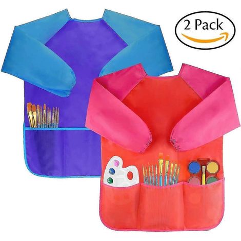Lot de 2 tabliers de peinture pour enfants, manches longues, 2-8 ans (bleu et rouge) (1/5)