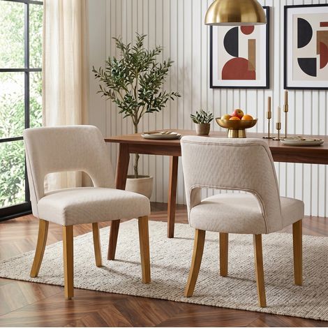 2 sillas de comedor, en lino, patas de madera maciza, estilo moderno, beige (1/5)