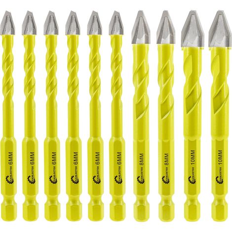 Foret Excentrique à Tête Crochue - Set de Foret Carrelage pour Bois Plastique Maçonnerie Carreaux céramique Béton Marbre 10 pièces 6mm6+8mm2+10mm2, Queue à Changement Rapide (1/5)