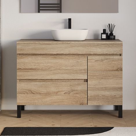 Meuble de salle de bain 120cm avec plateau et vasque à poser arrondie - porte et tiroirs - sans miroir - cambrian (chêne clair) - LAZARO (1/5)