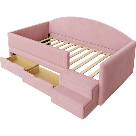 Cama tapizada 90 x 190 cm con 2 cajones, barandilla de seguridad y escalones, terciopelo rosa (1/5)