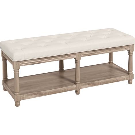 Banc rembourré capitonné en lin beige, 2 niveaux étagères, 115 cm, pieds en bois sculpté bout de lit