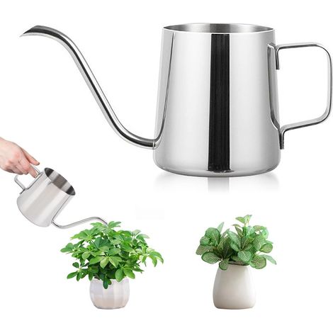 Arrosoir pour plantes d'intérieur - 350 ml - Mini arrosoir en acier inoxydable - Bec long - Arrosoir de jardin pour maison, bonsaï, extérieur, jardin (argent) (1/5)