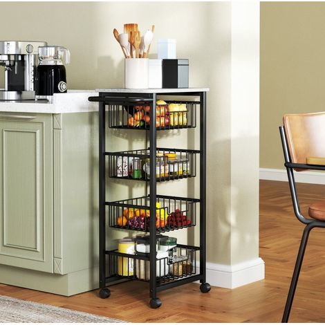 REDOM - Carrello da cucina 49.5x31x91 cm, 4 cestelli estraibili, ruote, maniglia, acciaio e MDF grigio chiaro (1/5)