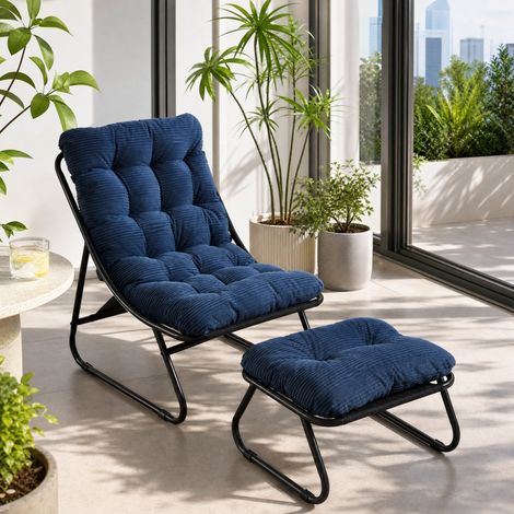 Poltrona relax 65x78x86 cm in metallo nero e tessuto blu, con poggiapiedi per soggiorno FloraGrace (1/5)