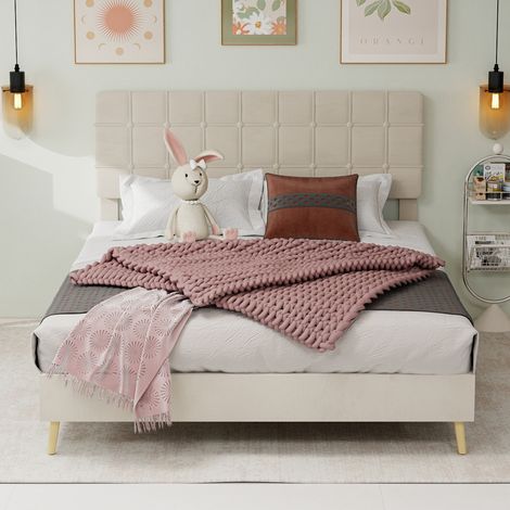 Lit moderne en tissu beige foncé tête de lit souple carreaux clairs matelas 160x200 cm