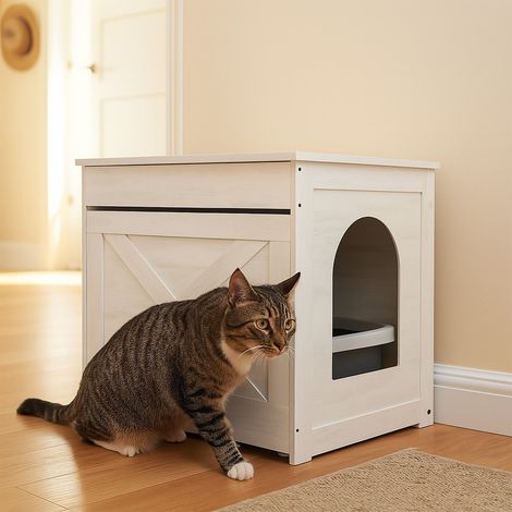 Meuble a litiere pour chat avec tapis griffoir et tiroir