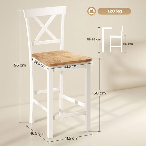Ensemble de 2 tabourets de bar avec dossier et repose-pieds, en bois d'hévéa, pour cuisine, salle à manger, bar, chêne et blanc (1/5)