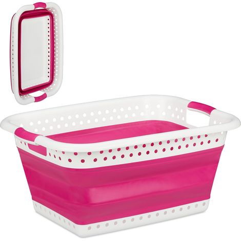 Relaxdays panier à lessive pliable poignées, plastique et silicone, corbeille peu encombrante, HlP 27x61x45,5cm,rose