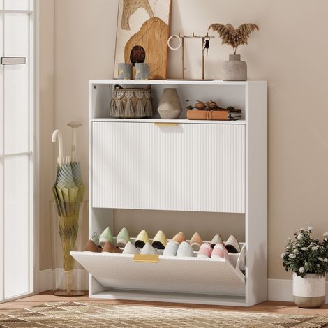 Zapatero abatible (80x24x102.5 cm), con 2 compartimentos, estante superior, madera, blanco (1/5)