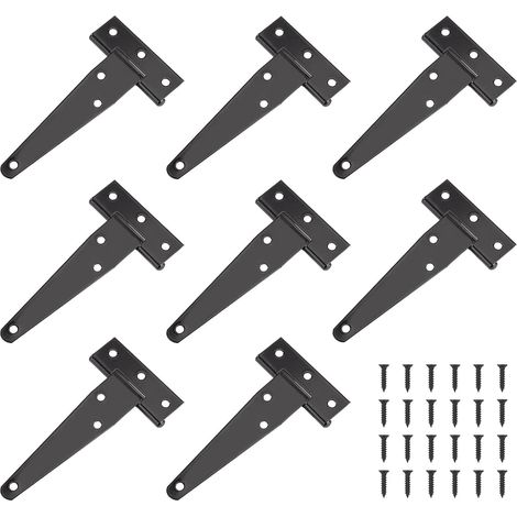 JSSEVN - T-Hinges, 8 Pcs Black Triangular Barn Door Hinges in Heavy Duty Metal Iron with 48 Screws, for Exterior Doors, Windows, Garden Sheds (4 inch) (1/5)