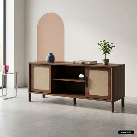 Meuble TV vintage décor bois et cannage 2 portes 120cm noyer - Etta (1/5)