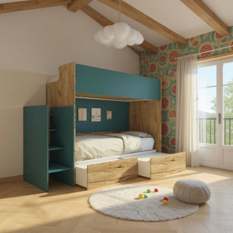 Letto a castello minimalista con terzo letto estraibile - Quercia e verde petrolio