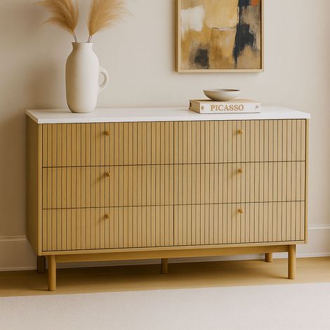 Credenza a 6 cassetti effetto legno scanalato e bianco 120 cm BROX