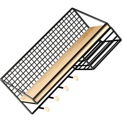 Étagère Murale en Fer Noir Taille avec 4 Crochets et Support Papier Toilette, étagère Flottante Multifonction pour Cuisine, Salle de Bain et Salon, Rangement Mural Moderne et décoratif (1/5)