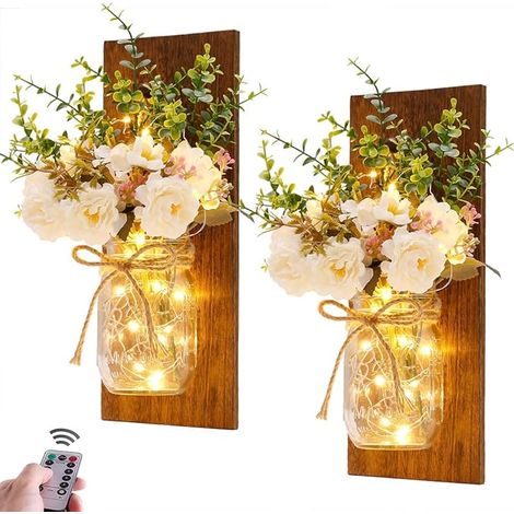 Applique murale rustique en bocal Mason, design artisanal à suspendre, avec télécommande, guirlande lumineuse LED et pivoine blanche. (1/5)