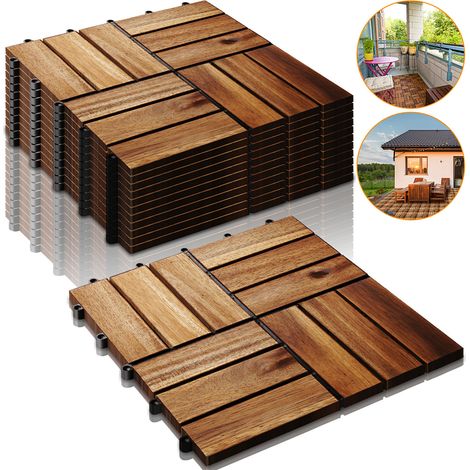 Randaco 77 pièces de dalles en bois d'acacia 30 x 30 cm, dalles de terrasse, système d'encliquetage, dalles à clipser pour l'extérieur, balcon, terrasse, bois, résistantes aux intempéries, antidérapan