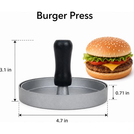 Presse à hamburgers avec poignée en bois, presse à viande en aluminium antiadhésif, diamètre 4,7 pouces pour galettes de bœuf, poulet et végétales faites maison (1/4)