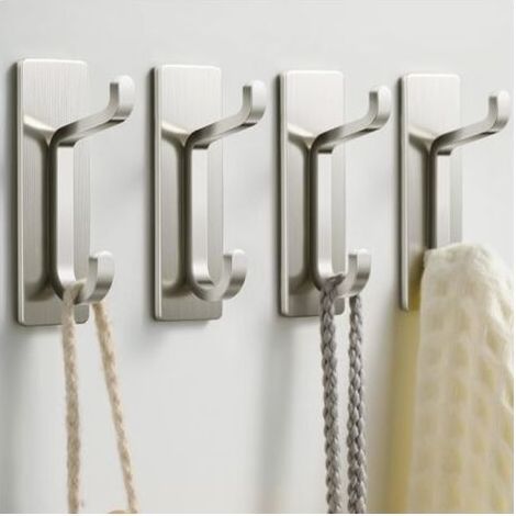 Crochet Adhesif Mural, Porte Serviette Salle de Bain, Accroche Torchon Cuisine, Porte Manteau Adhésif, Attache Murale Sans Percer, Etanche, Antirouille, Argent, 4 Pièces (1/5)