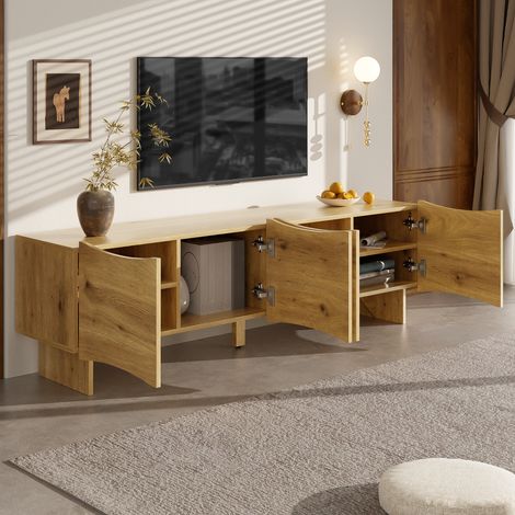 REDOM Meuble TV 155x36x47 cm Motif ondulé Quatre portes Panneau de particules naturel (1/5)