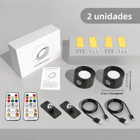(Ensemble noir 2 pièces avec télécommande) Applique murale LED, 3 niveaux de luminosité, batterie 2000 mAh, rotation à 360° (1/5)