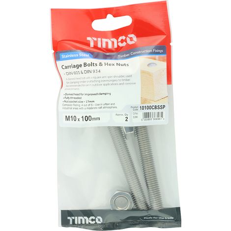 TIMCO Carriage Bolts DIN603 & Hex Full Nut DIN934 A2 Stainless Steel - M10 x 100